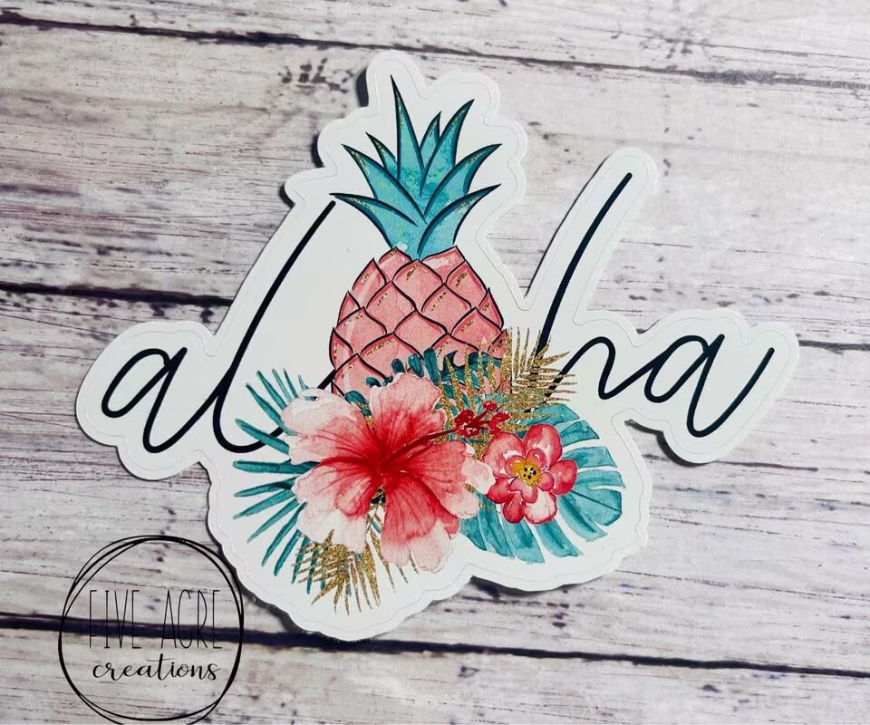 Cute Waterproof Weatherproof Vinyl Sticker | Aloha Hawaiian Pineapple Car Decal Laptop Stickers Window Decals