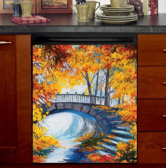 Kitchen Dishwasher Magnet Cover - Autumn Forest Bridge