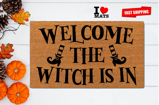 Welcome The Witch Doormat, Funny Door Mat, Halloween Housewarming Gift, Closing Cute Doormat