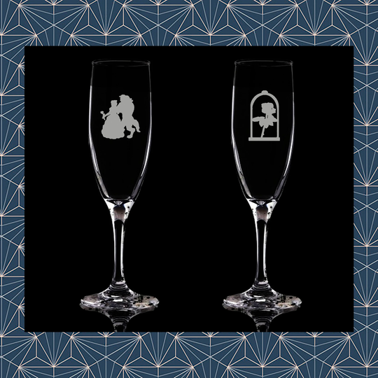 Set Of 2 Beauty & Beast Engraved Flute Prosecco Glass. Beautiful Etched Glasses. Personalised With Name. Design Won't Wear Off Like Vinyl.12