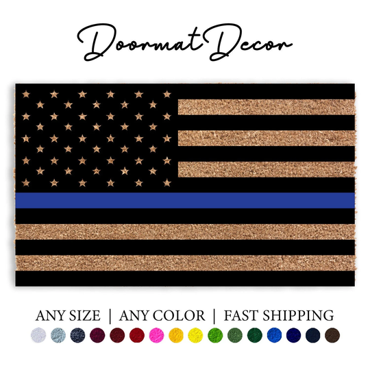 Law Enforcement Flag Doormat, Police Officer Outdoor Welcome Mat, Entryway Decor, Blue Stripe Flag, Layering Rug Home Decor
