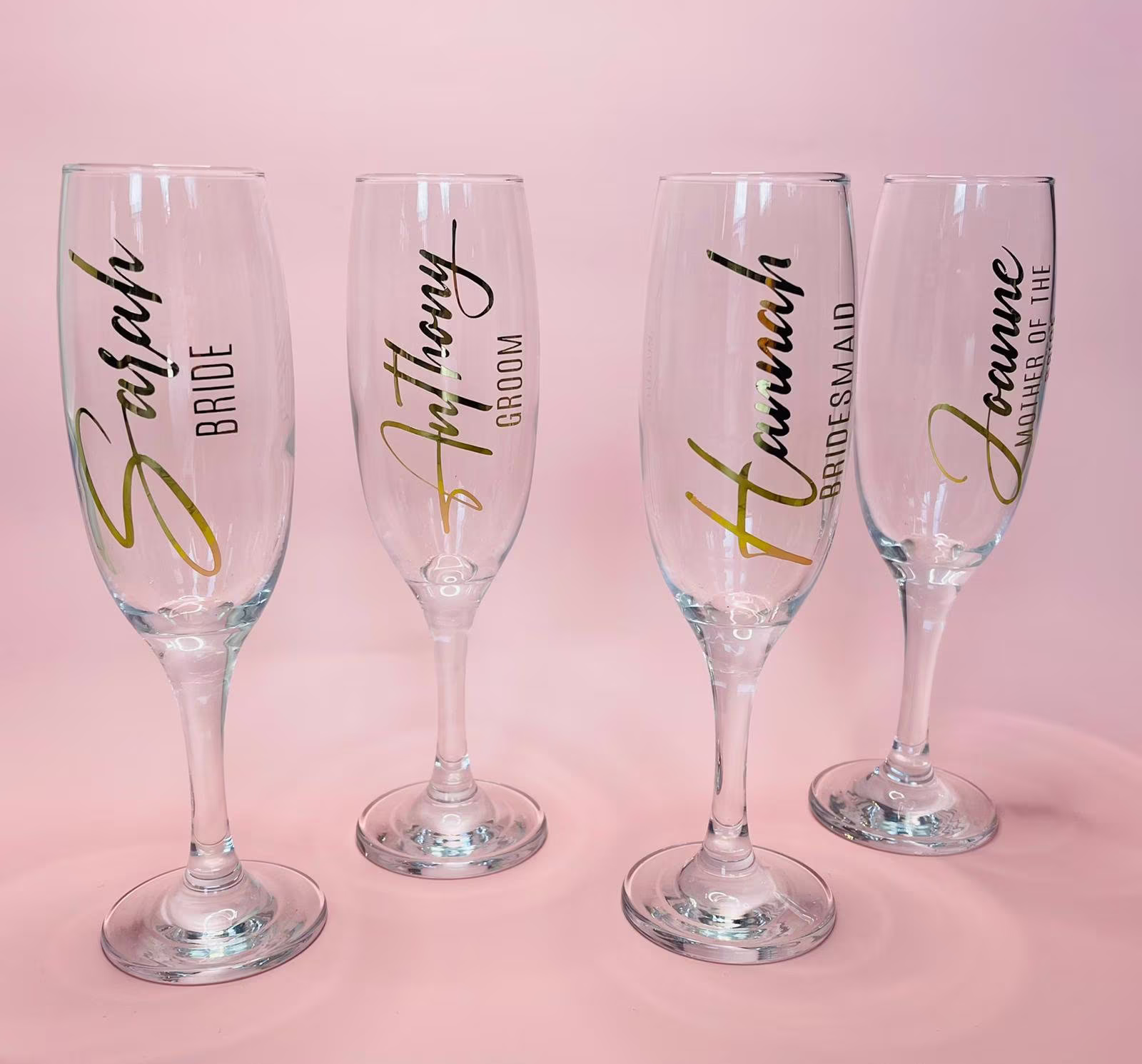 Personalised Champagne Flute Decals | Roles Name Vinyl For Prosecco Glass Wedding Hen Party| Luxury Rose Gold Chrome