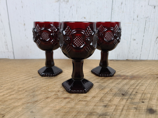 Vintage Set Of 3 Avon Ruby Red Glass Goblets 4.5