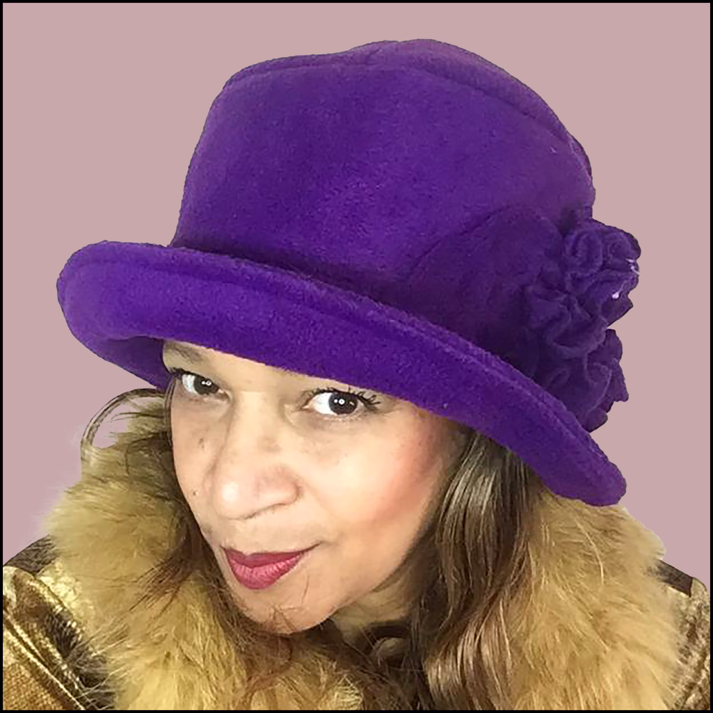 Vintage Style Polar Fleece Winter Hat For Women in Purple, Cosy, Warm & Rainproof Too 1920S Cloche Brim With Flower Trim, One Size Fits All