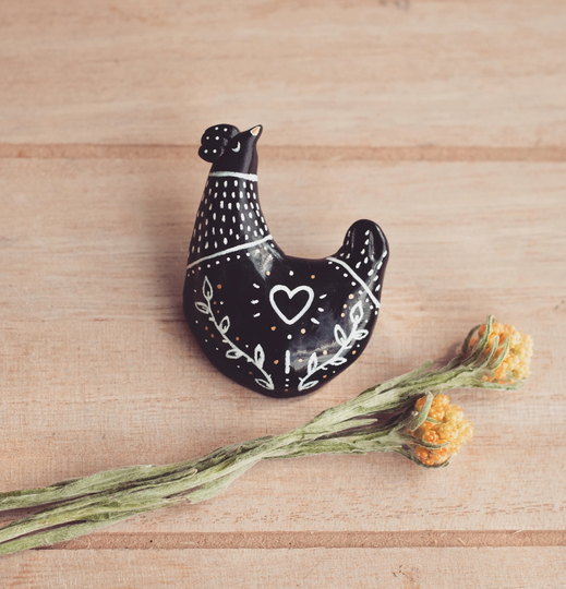 Hen Pin Or Magnet - A Handmade Polymer Clay Chicken Brooch Kitchen Fridge Cute Ceramic Botanical Witch Badge Gift Black Jewellery Vegan Love