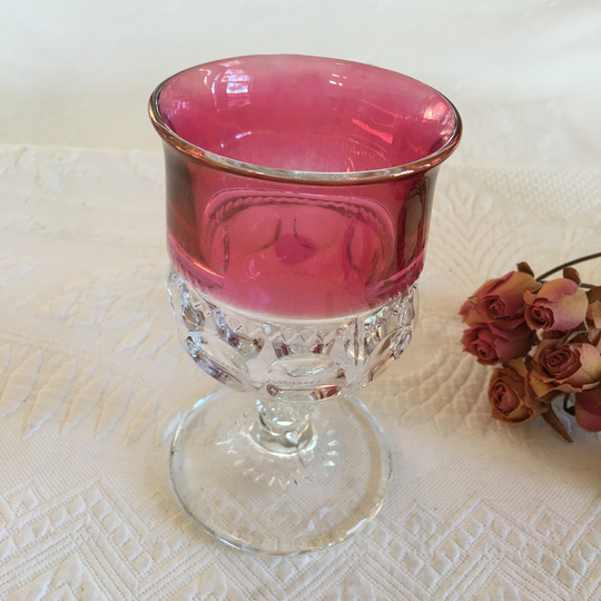 Vintage Cranberry Thumbprint Design Stemware Glass. Pressed Glass Cocktail. Beautiful & Sparkling