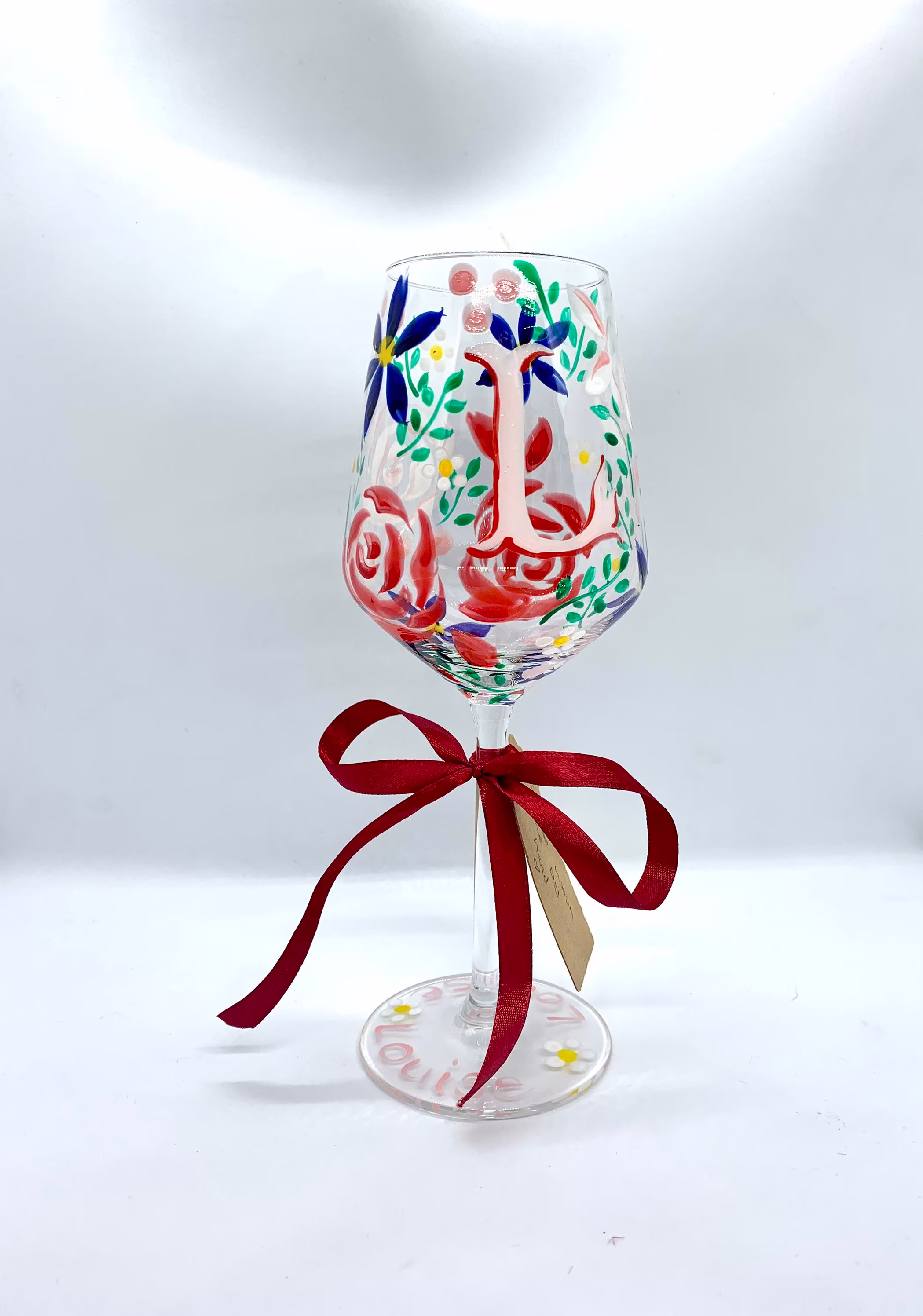 Hand Painted Personalised Wine Glass With Personalisation & Floral Design