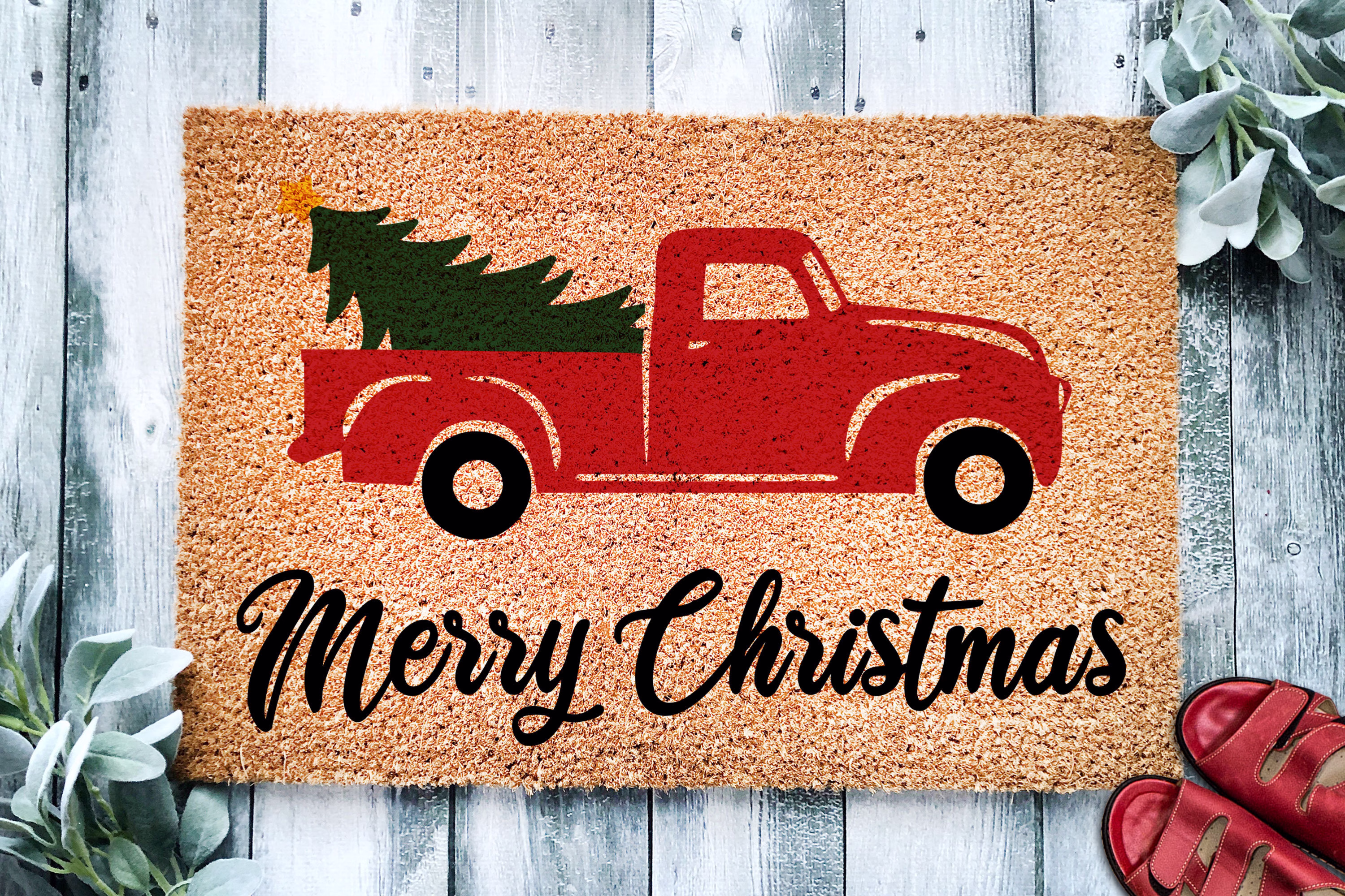 Merry Christmas Tree Antique Pickup Truck | Doormat Welcome Mat Holiday Winter Decor Gift