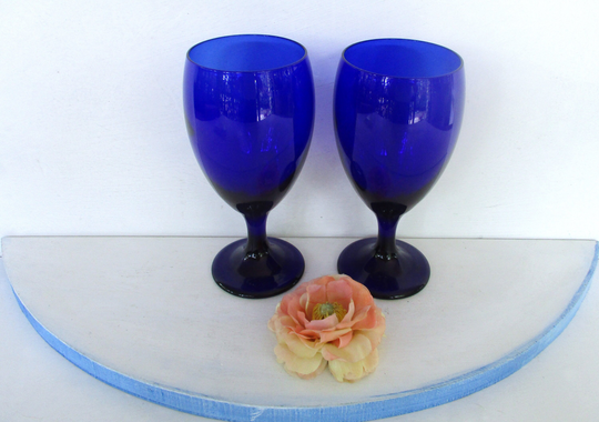 Vintage 2 Cobalt Blue Glass Goblets, 12 Oz Beverages Glasses, Large Goblets, Made By Libbey Duratuff Usa