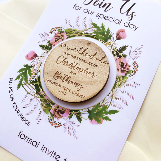 Wooden Save The Date Magnets, Engraved Wedding Invites, Optional Card Design & Envelopes