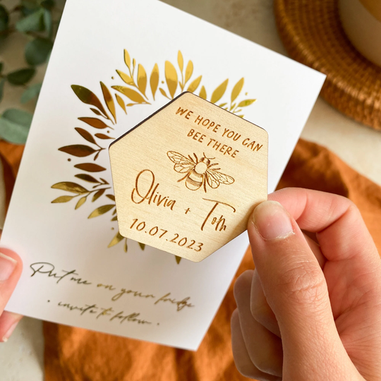 Bee Wedding Save The Date, Wooden Rustic Botanical Dates, Spring Magnets