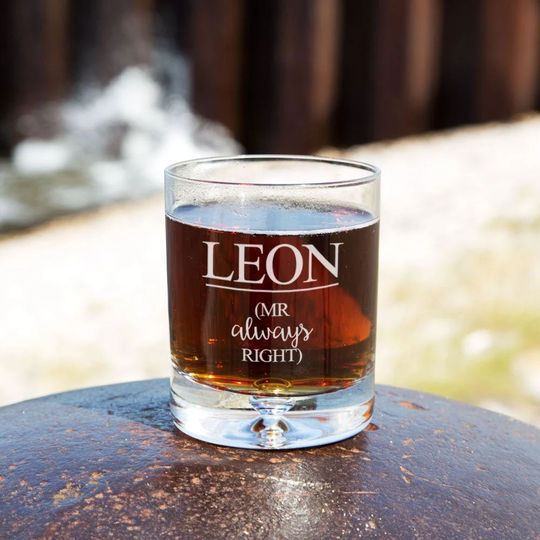 Personalised Mr Always Right Glass Tumbler. Engraved Whiskey For Him. Customised Funny Birthday Gift Ideas Boyfriend, Husband