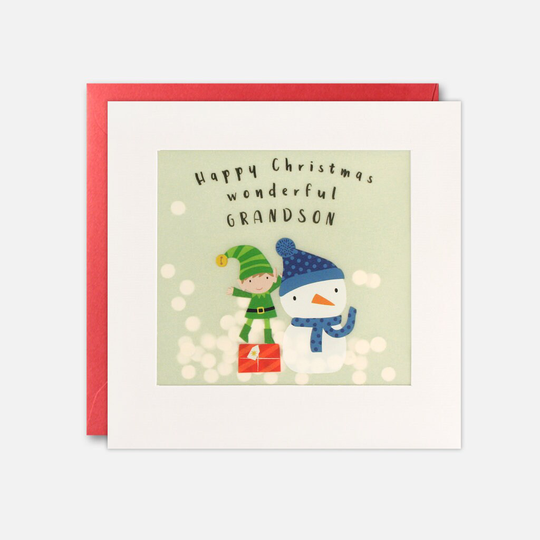 Grandson Elf & Snowman Christmas Card With Paper Confetti - Shakies By James Ellis