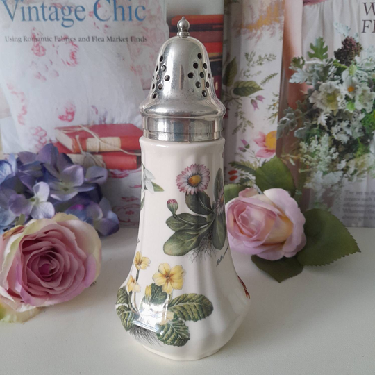Pretty China Floral Sugar Shaker With Chrome Lid, Primroses Pink Daisies & Poppies Muffineer By Lord Nelson Ware, Vintage Kitchen