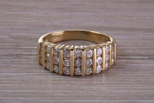 Beautiful Three Row, 7.5 Mm Wide Diamond Set Yellow Gold Ring