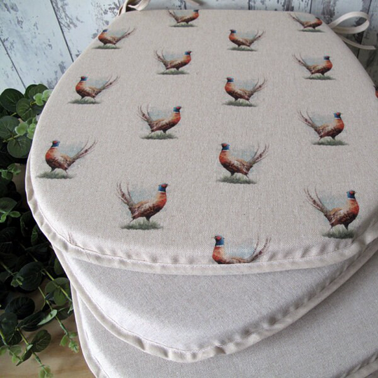 Set Of 4, 6 Or 8 Small Pheasants Reversible Classic D Seat Pads, Small Pheasant Design Kitchen Chair Pad With Choice Plain Print Back