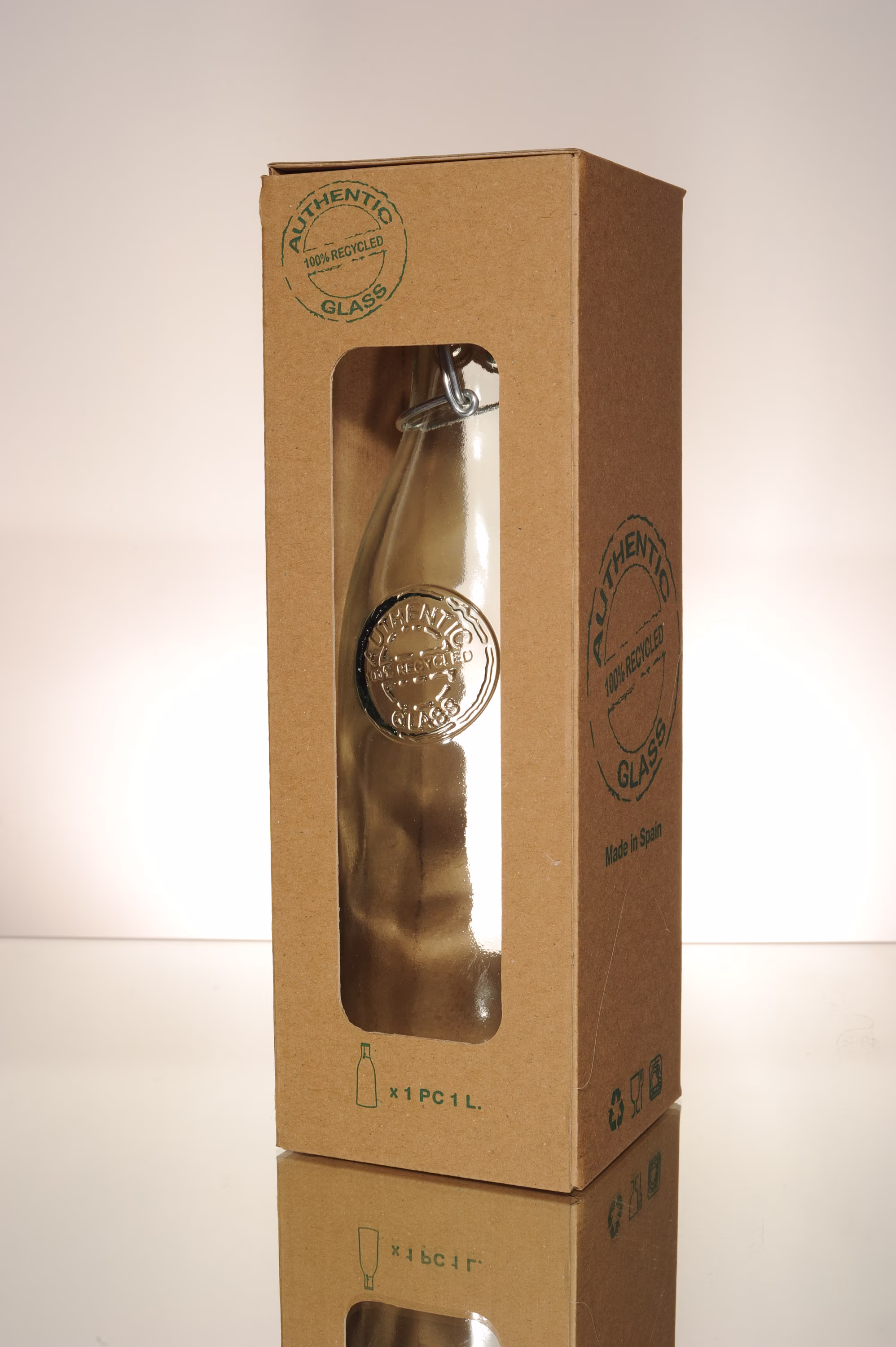 Giftboxed Recycled Glass Bottle | 1L With A Clip Top Stamped "Authentic 100% Glass