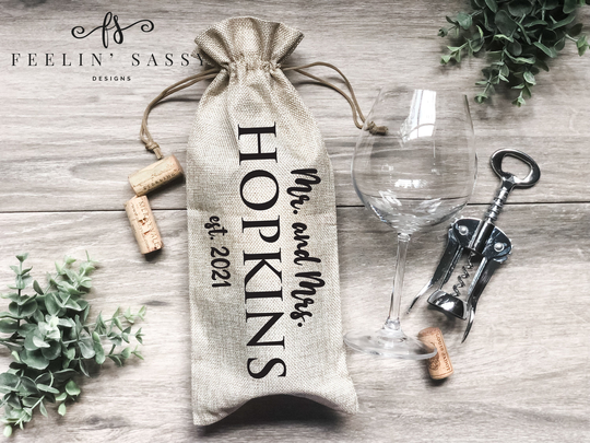 Personalized Wine Bag, Mr. & Mrs. Burlap Housewarming Gift, Thank You Celebration Hostess Wedding