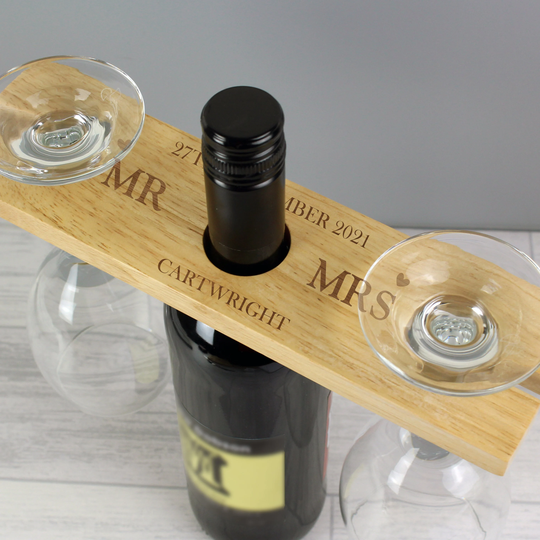 Personalised Married Couple Wine Glass & Bottle Butler - Wedding Gift Anniversary Mr & Mrs Gift New Home
