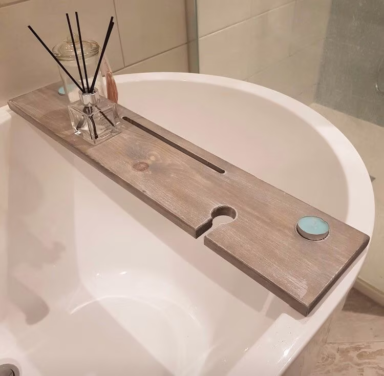 Ash Barn Rustic Grey Wooden Bath Rack Gray Tray Board With Tablet Slot, Wine Glass Holder & Tea Light Nests