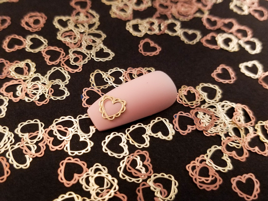 7mm Gold Toned Metal Fairytale Valentine Lace Heart Cabochons, Nail Art Cabs, Valentines Day Charms, Resin Shaker Embellishment