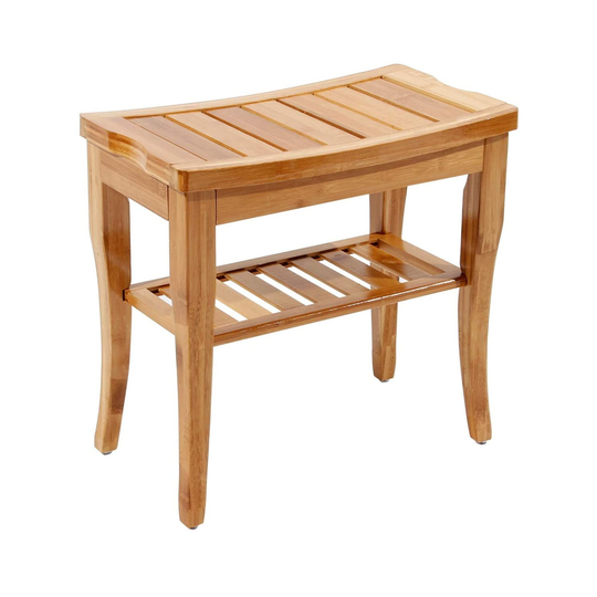 Bathroom Stool Non-Slip 2 Tiers Shower Wood Bath Bamboo Stool With Storage Shelf