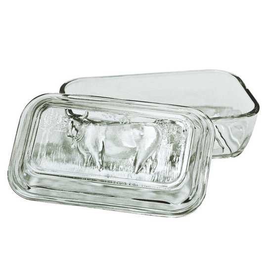 Luminarc Clear Tempered Glass Butter Dish Storage Keep Embossed Cow Cover Lid