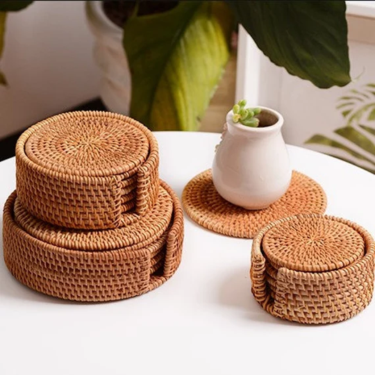 Rattan Coaster Set Of 6 Drinkware Handmade Woven Round Coasters With Holder