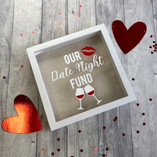 Our Date Night Fund Money Box, White Frame With Glitter Background, Happy Couple Saving Present, Couples Gift