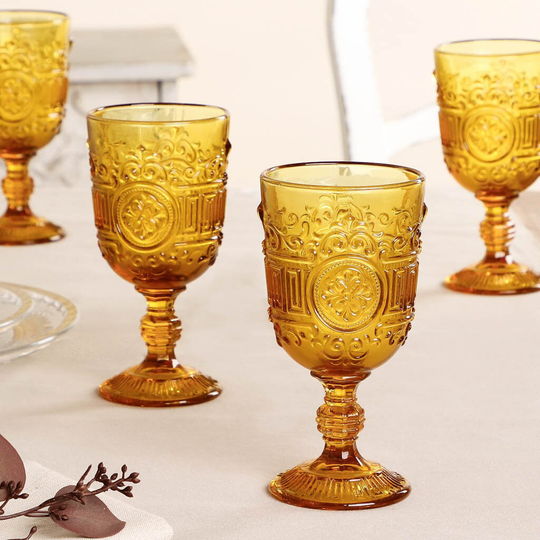 Set Of Four Embossed Wine Goblets Vintage Style Mandala Glasses Green Purple Orange Blue Dishwasher Safe Glassware