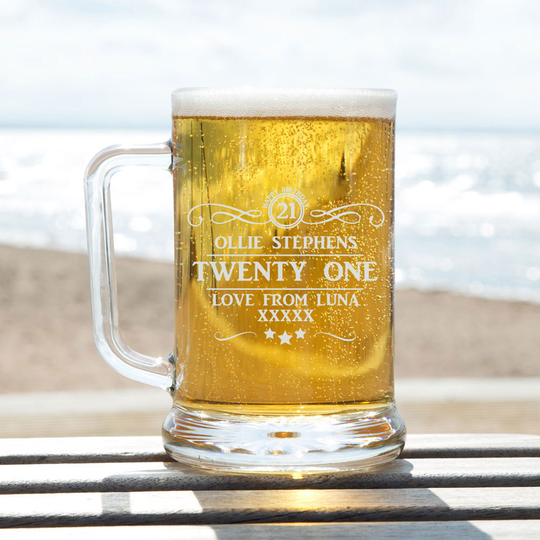 Personalised Engraved 21st Birthday Glass Beer Tankard Gifts For Him Her Son Nephew Friend. Name & Message Laser Engraved Pint
