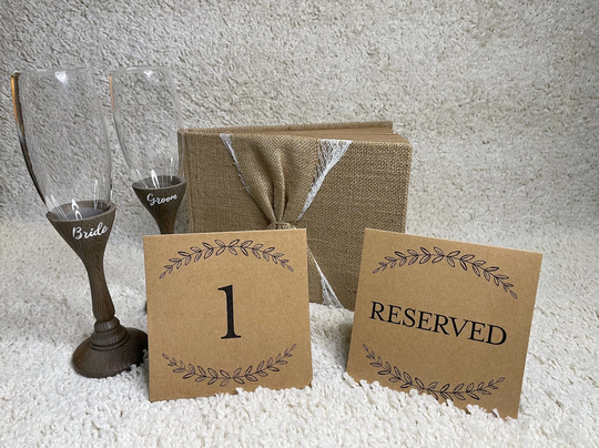 Rustic Wedding Essentials | Guest Book, Champagne Flutes, Table Cards