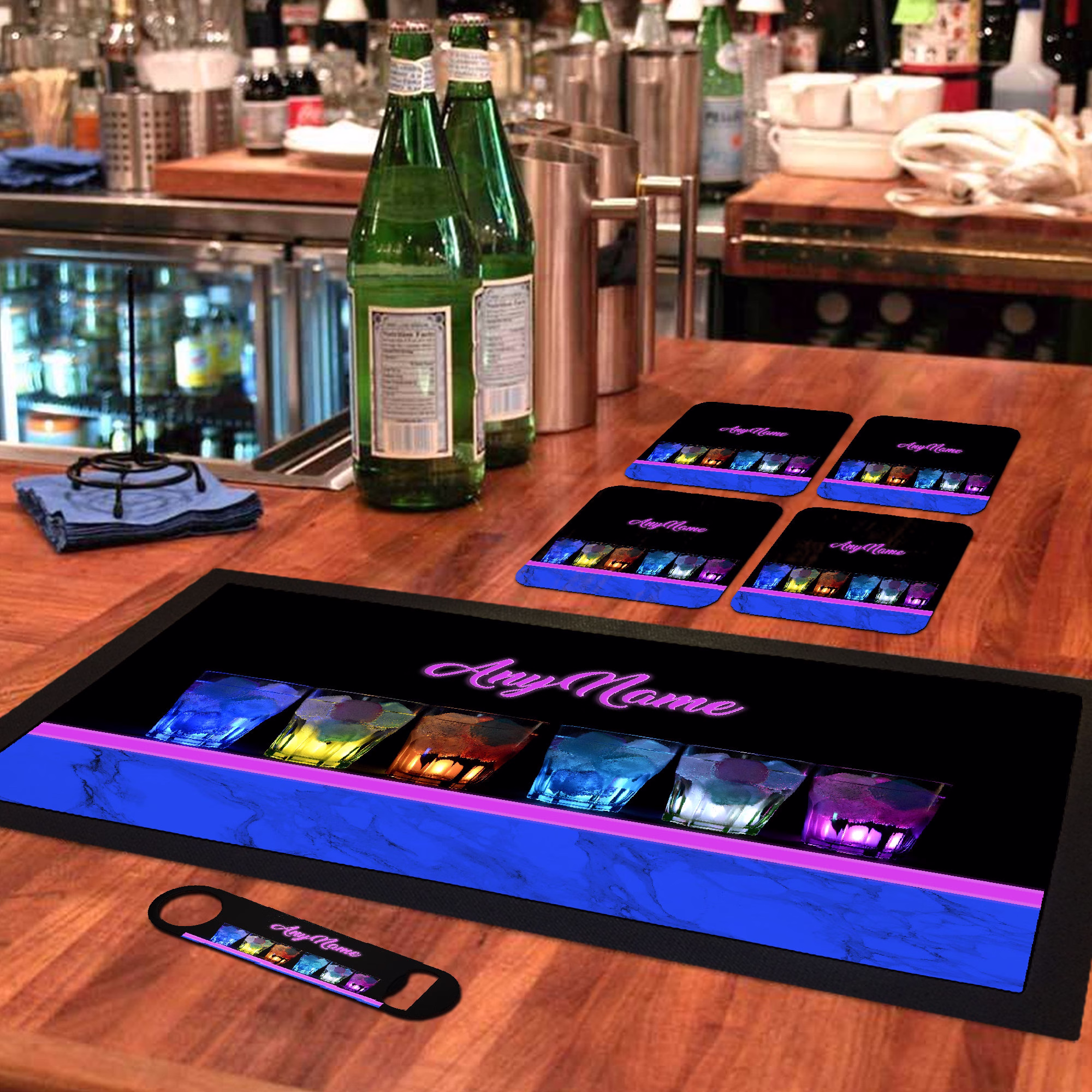 Personalised Bar Runner Mat, Matching Bottle Opener & 4 X Drinks Coasters Gift Set | Accessories For Home Bars Brs-A242-1 Add Any Name/Text