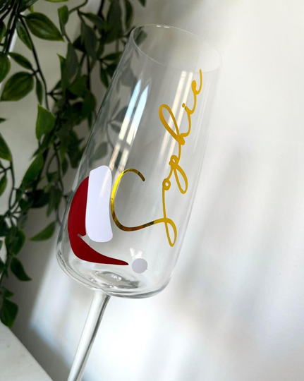 Personalised Prosecco Glass. Christmas Glass. Santa Hat Champagne Flute