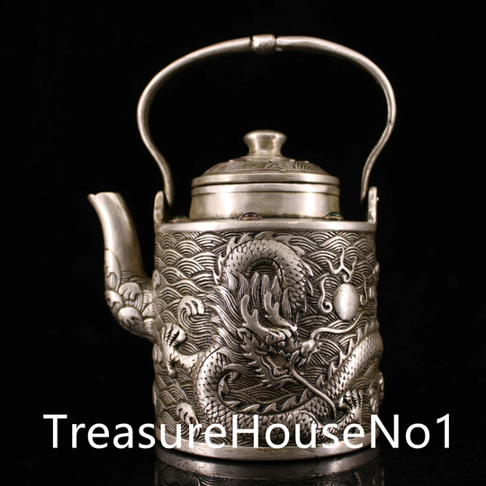 Chinese Antique Pure Copper Silver Gilded Wine Pot. The Statue Is Hand Carved & Exquisite Dragon Patterns Are Rare Collectable