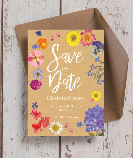 Illustrated Pressed Flowers Inspired Wedding Save The Date Cards & Envelopes