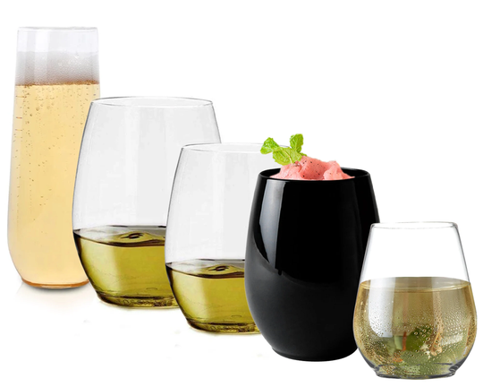 Elegant Stemless Disposable Plastic Wine Glasses, Fancy Black/Clear Champagne Flutes, Heavy Duty Drinkware, Wedding & Party Supplies