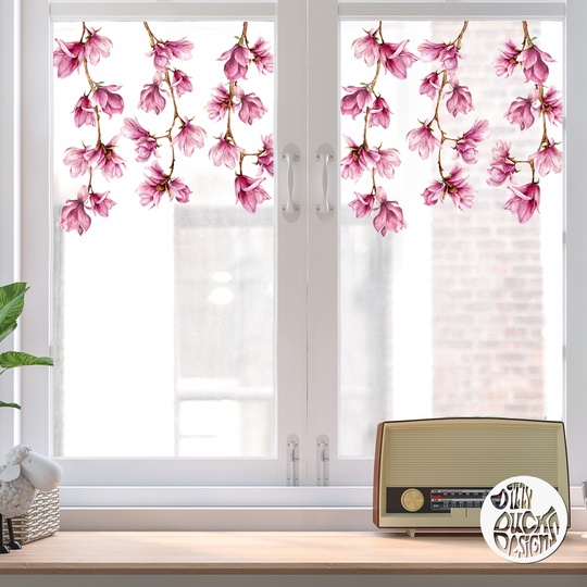 6 X Pink Magnolia Flower Window Decal Trails | Reusable Dizzy Duck Non Sticky Cling Floral Sticker