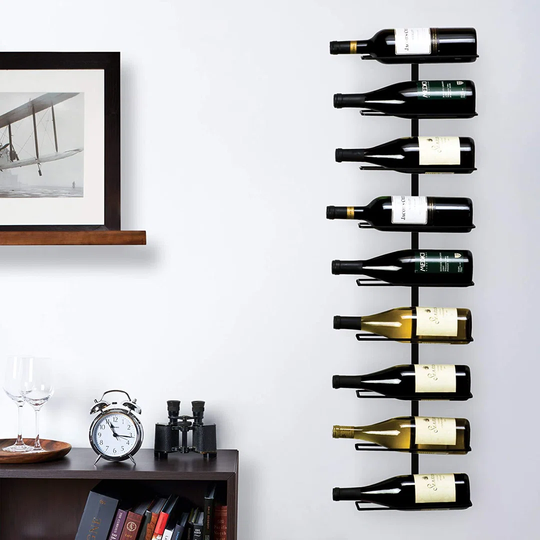 Wall-Mounted Rack, Black Wrought Iron Minimalist Modern Wine Display, Alcohol Storage Solution, Nine Standard Bottles