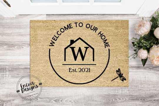 Personalized Welcome To Our Home Family Name Initial Doormat | Wedding Gift Custom Closing Front Door Mat Single Letter Monogram