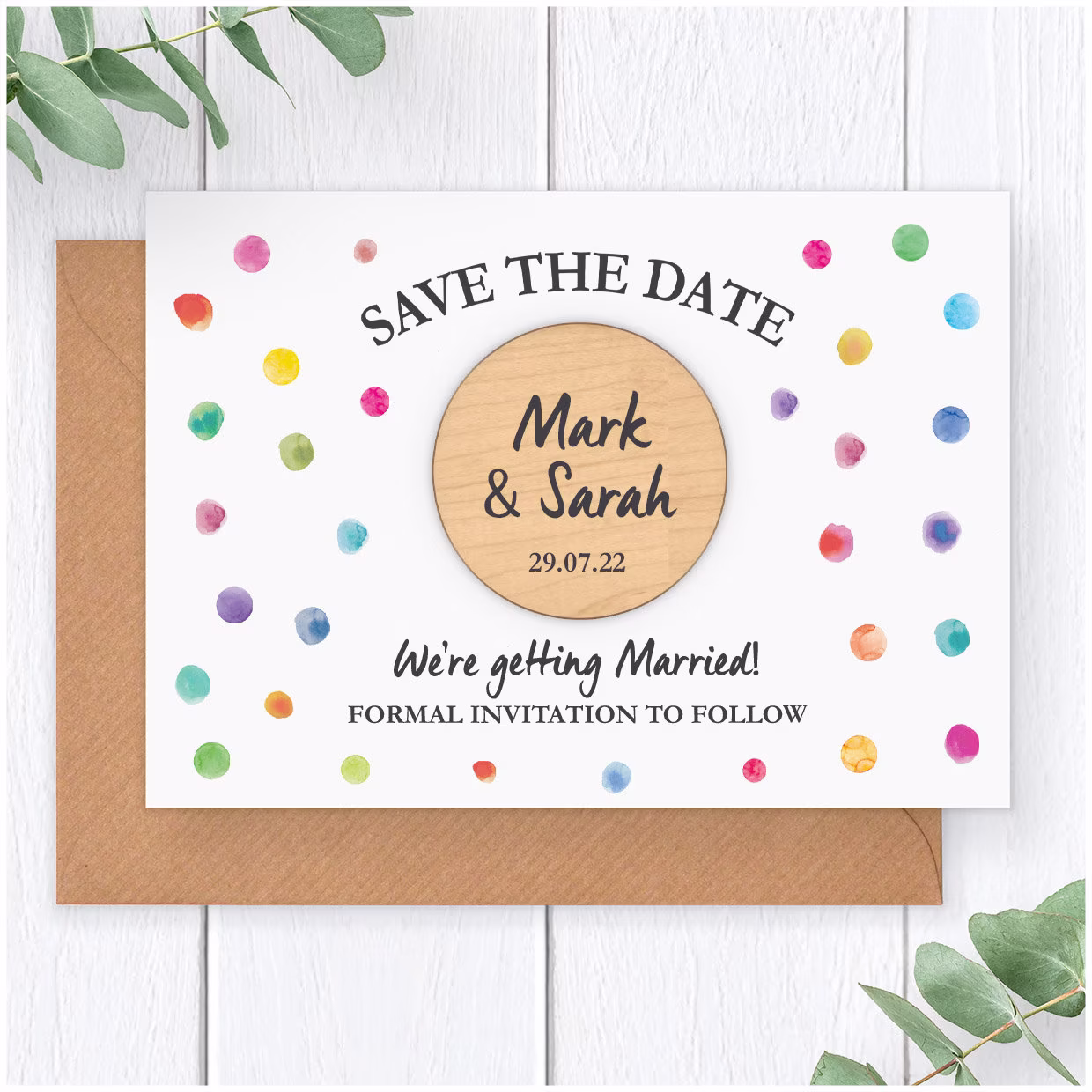 Watercolour Polka Dot Save The Dates - Personalised Modern Unique Wedding Date Wooden Fridge Magnets Spring Summer Autumn