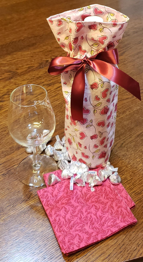 Wine Bottle Bags, Fabric Reusable With Attached Ribbon, Handmade in The Usa, Flat Bottom