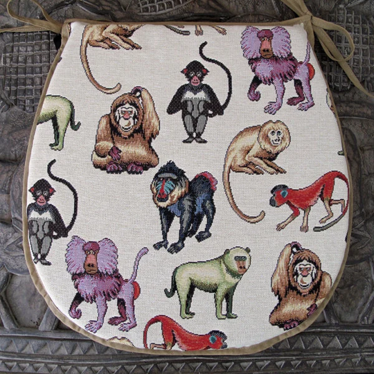 Set Of 4, 6 Or 8 Tapestry Monkey Classic D Seat Pads, Chair Comic Monkey Tapestry Kitchen Chair Pad. Bistro, Bar Patio Seat