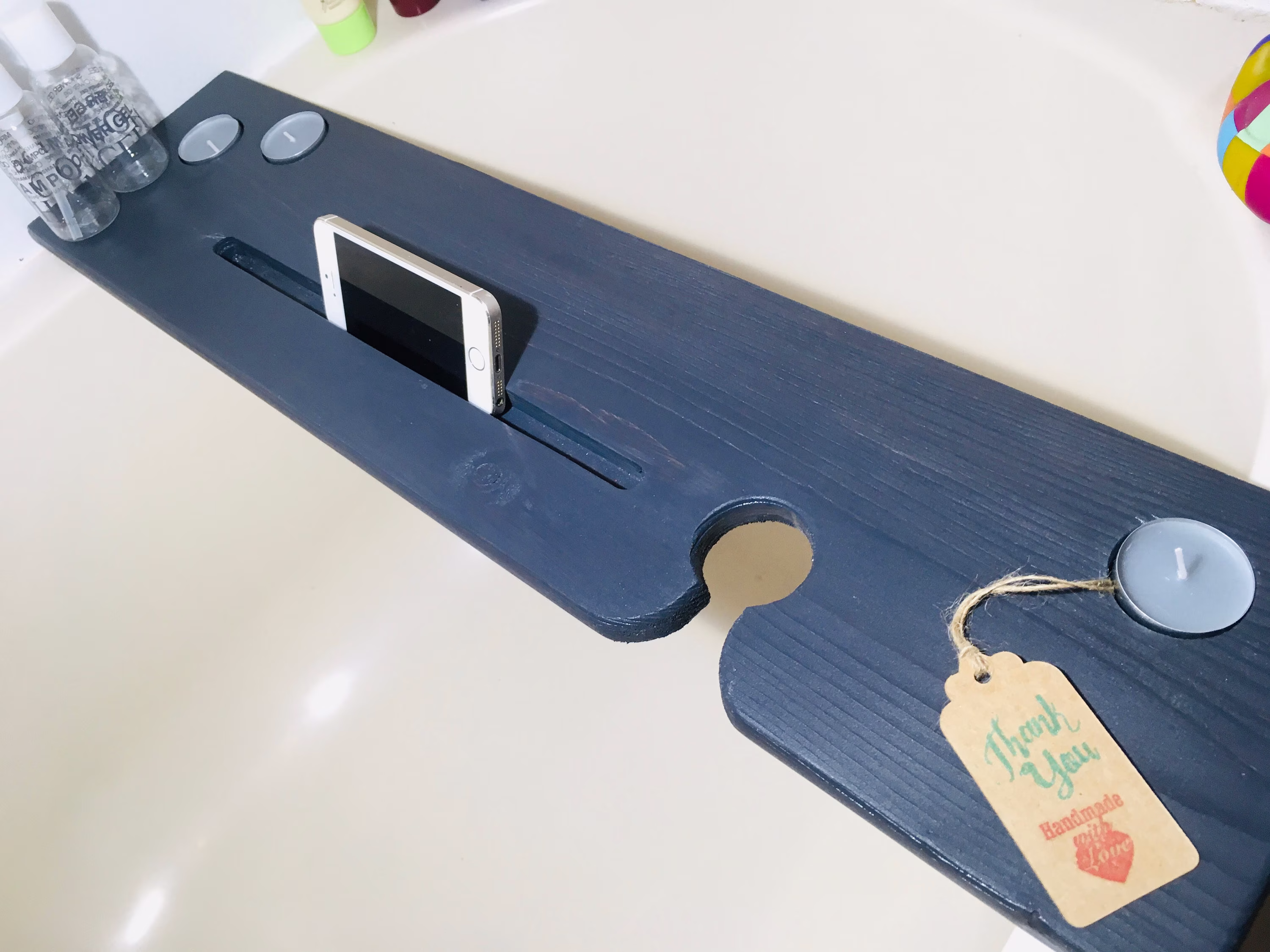 86cm Dark Slate Grey Bath Board/Shelf Caddy - With Wine Glass Tealights & Phone Slots