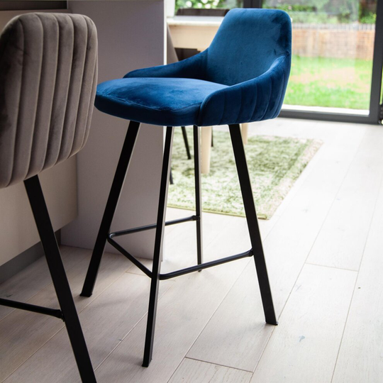 (Blue) 2x Alfa Velvet Bar Stools 65 cm Grey/Blue Breakfast Bar Kitchen Restaurant