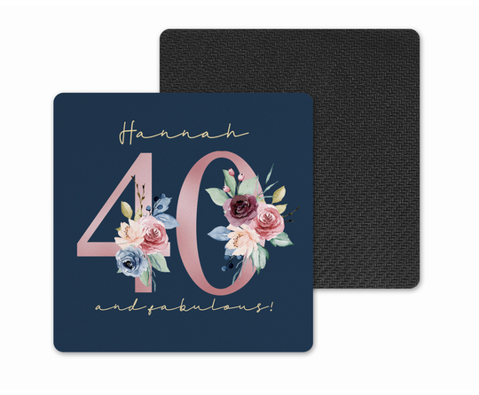 Personalised Coaster.. Wooden Drinks 40Th Birthday Keepsake Gift.. 40 & Fabulous... Pink & Blue Floral