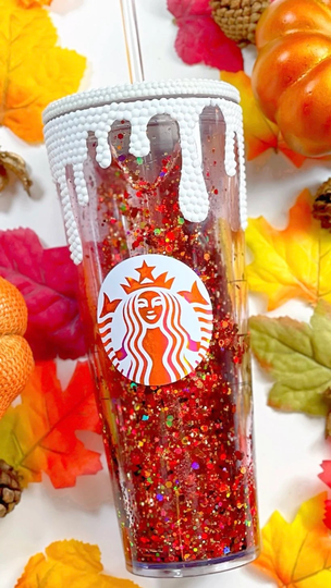 Pumpkin Spice Cup Drink Snow Globe Tumbler| Fall Drip Rhinestone Lid|Floating Glitter Cup| Starbucks Latte Bling Cup