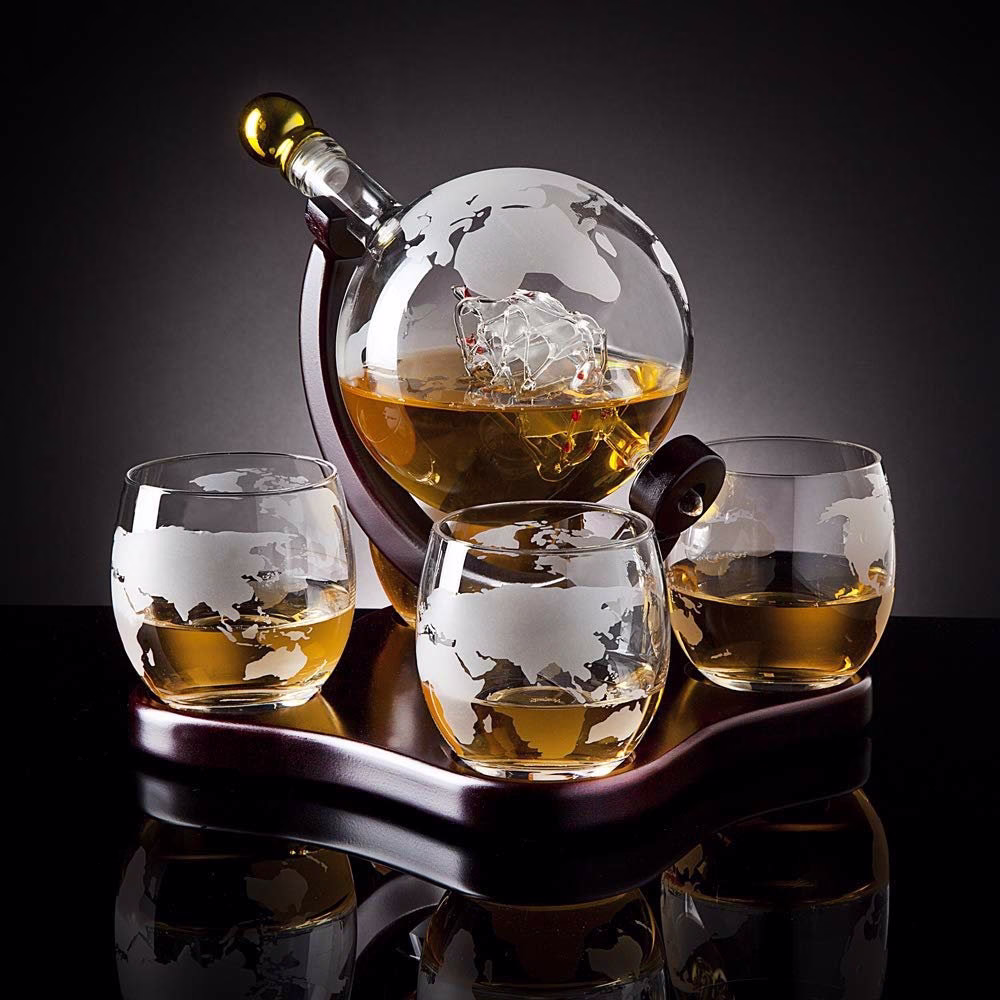 Etched World Decanter Whiskey Globe - Whiskey Gift Set With Antique Ship, Stones & 4 Map Glas