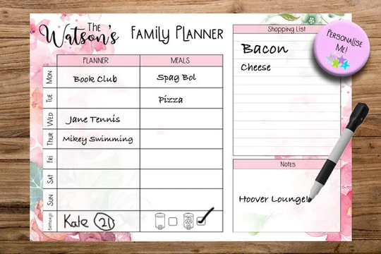 Personalised Floral Family Wall Planner Wipe Clean White Board Dry Organiser Weekly Meal Weight Loss Shopping List