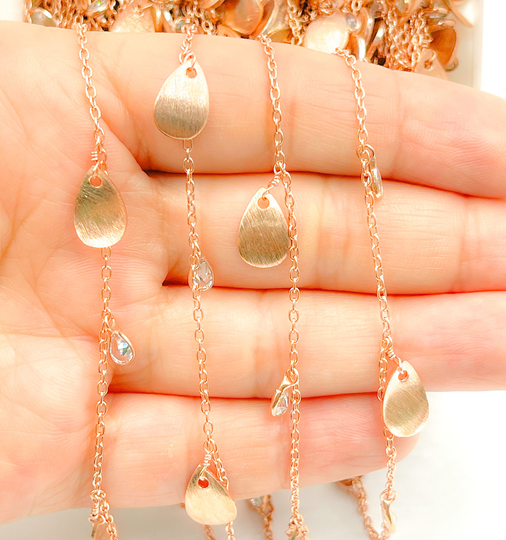 1Ft 10mm 925 Silver Rose Gold Plate Dangle Chain By Foot, 5mm Teardrop Zircon Necklace Chain, Dainty Pear Shape Charm Shaker Wholesale